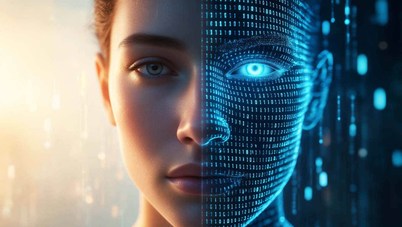 Mit jelent mesterséges intelligenciával álmodni? – Részletes álomfejtés és értelmezés Egy női arc fele digitális, kékes fényekkel és bináris kódokkal van ábrázolva.