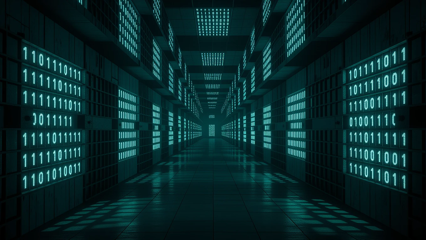 Mit jelent fegyházzal álmodni? – Részletes álomfejtés és értelmezés Fényes, digitális számokkal teli börtönfolyosó, amely a korlátozottságot szimbolizálja.