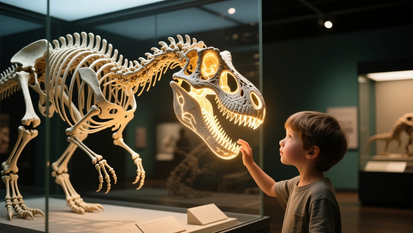 Egy kisfiú egy dinoszaurusz csontvázát nézi, érdeklődve érinti meg a fejét.