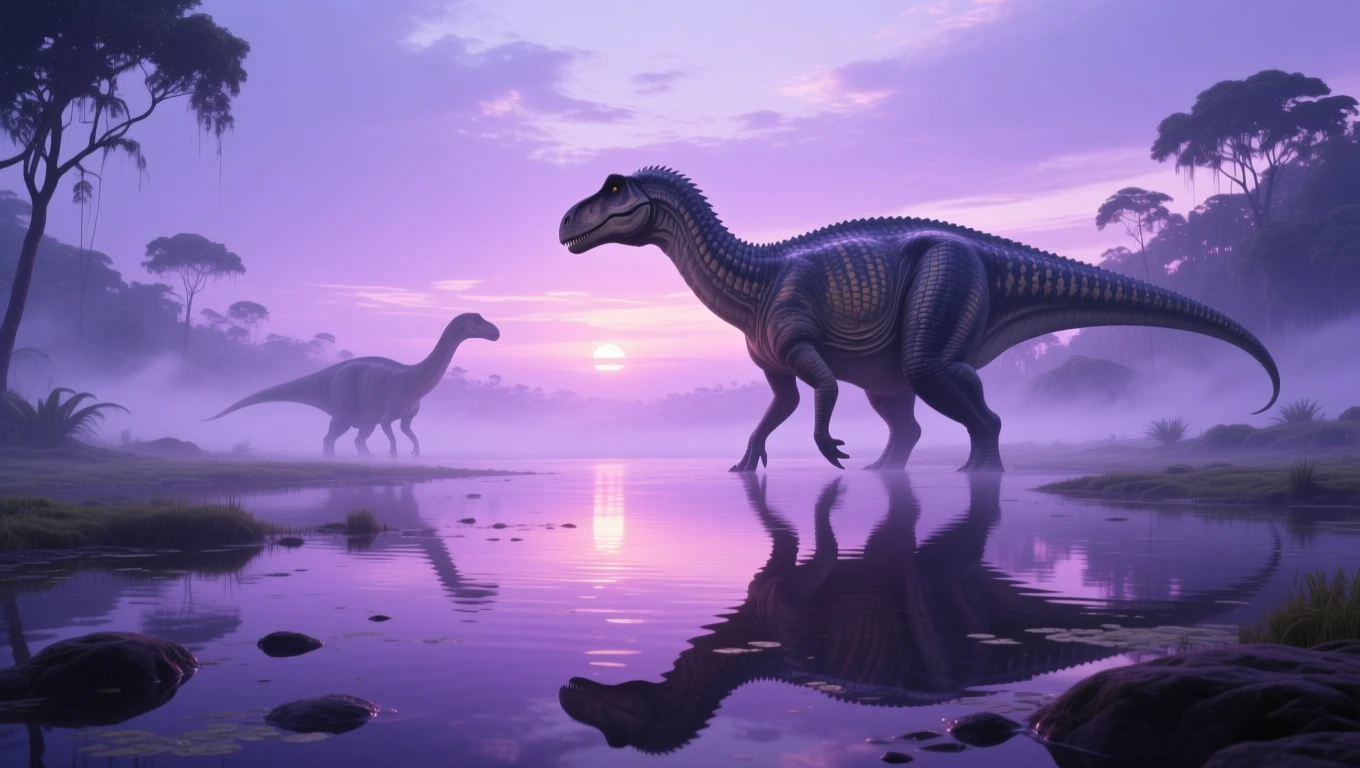 Két dinoszaurusz áll a vízparton, a naplemente fényei tükröződnek a vízben.
