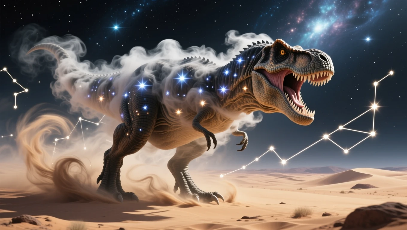 Egy dinoszaurusz, csillagokkal díszítve, a sivatagban áll.