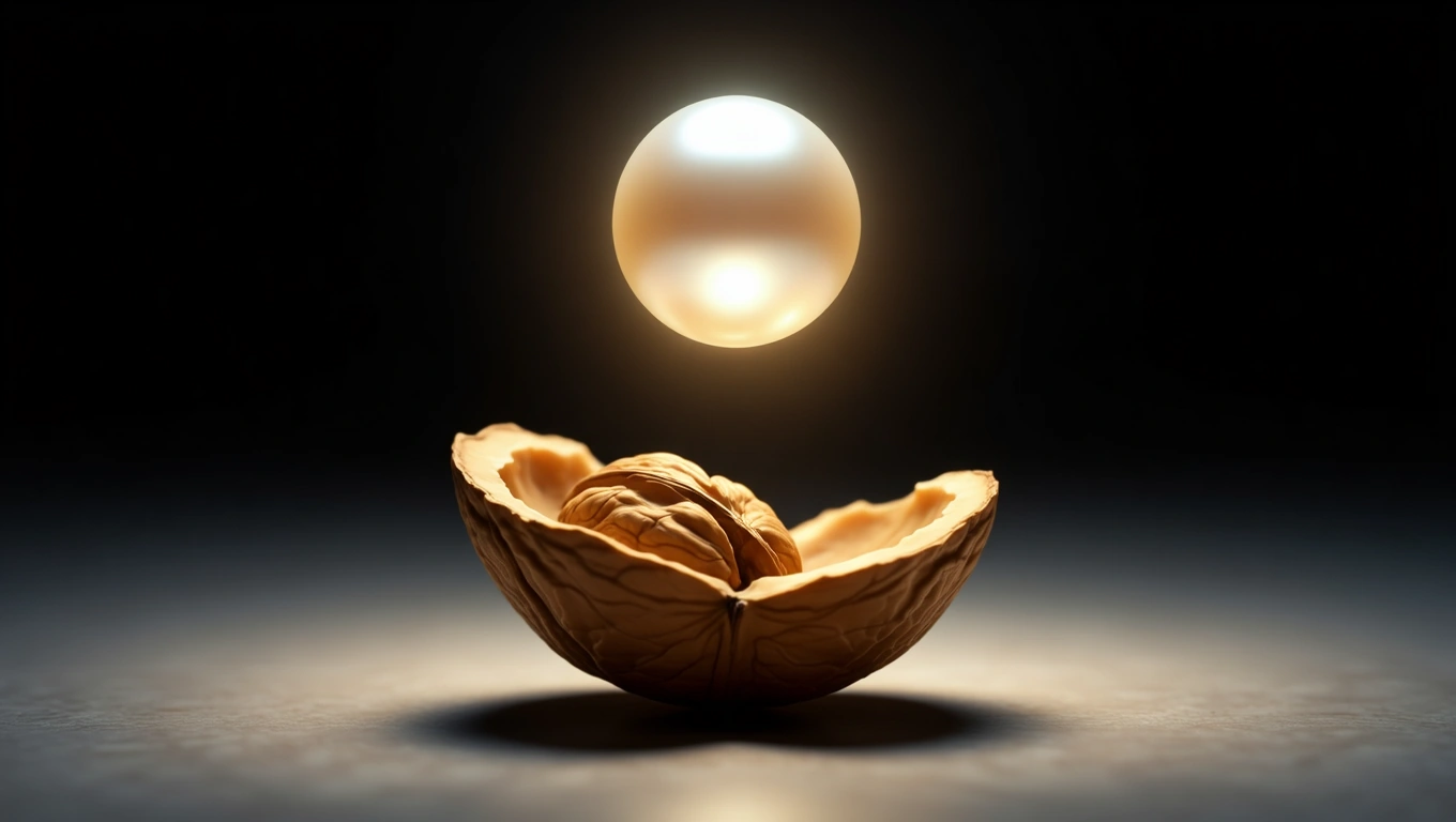 Mit jelent dióval álmodni? – Részletes álomfejtés és értelmezés Egy félbevágott dió, benne a dióbél, felette egy fénylő gyöngy.