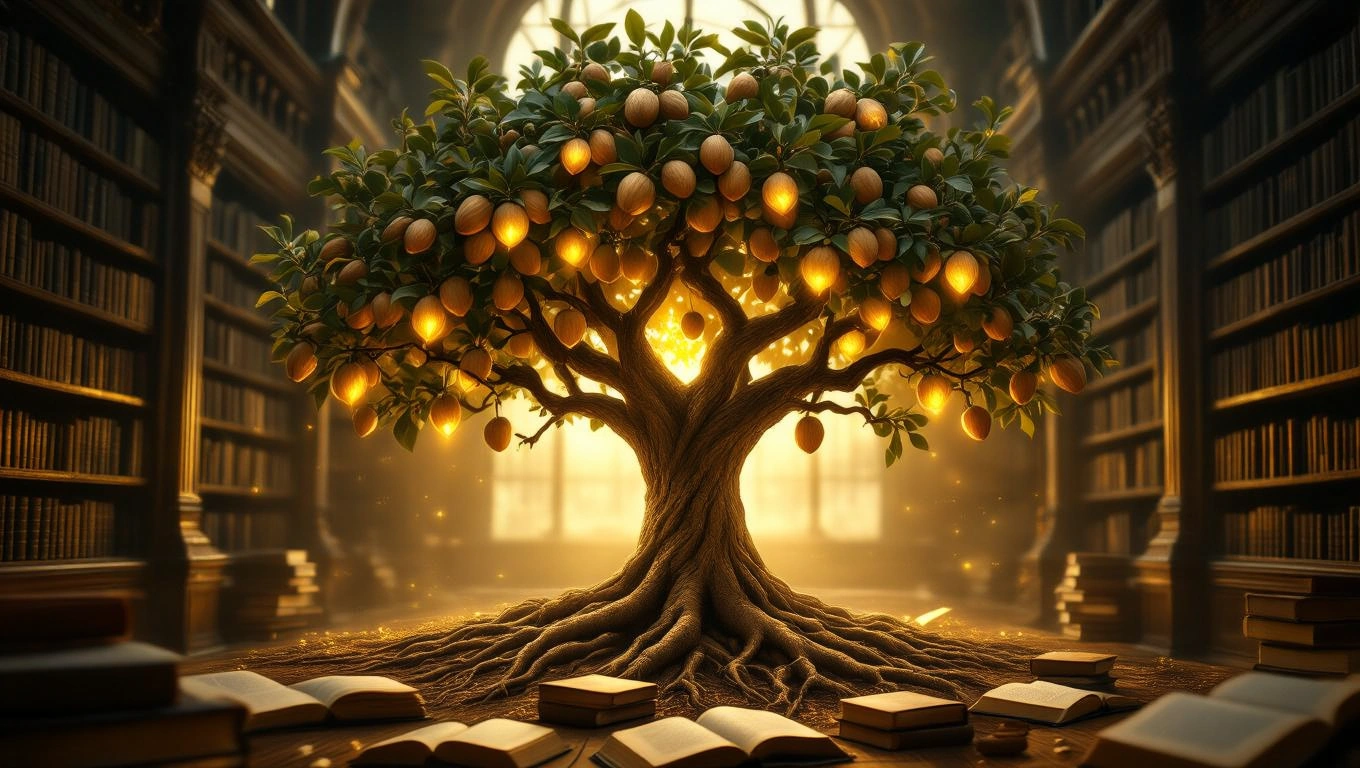 Mit jelent dióval álmodni? – Részletes álomfejtés és értelmezés Egy gyümölcsfa, tele dióval, könyvek között, misztikus fényben.