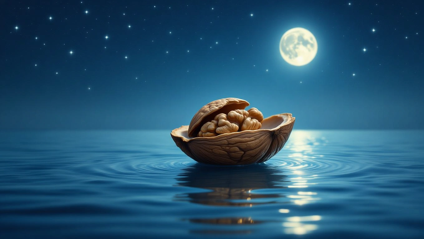 Mit jelent dióval álmodni? – Részletes álomfejtés és értelmezés Egy dió héja lebeg a vízen, a háttérben csillagokkal és teliholddal.