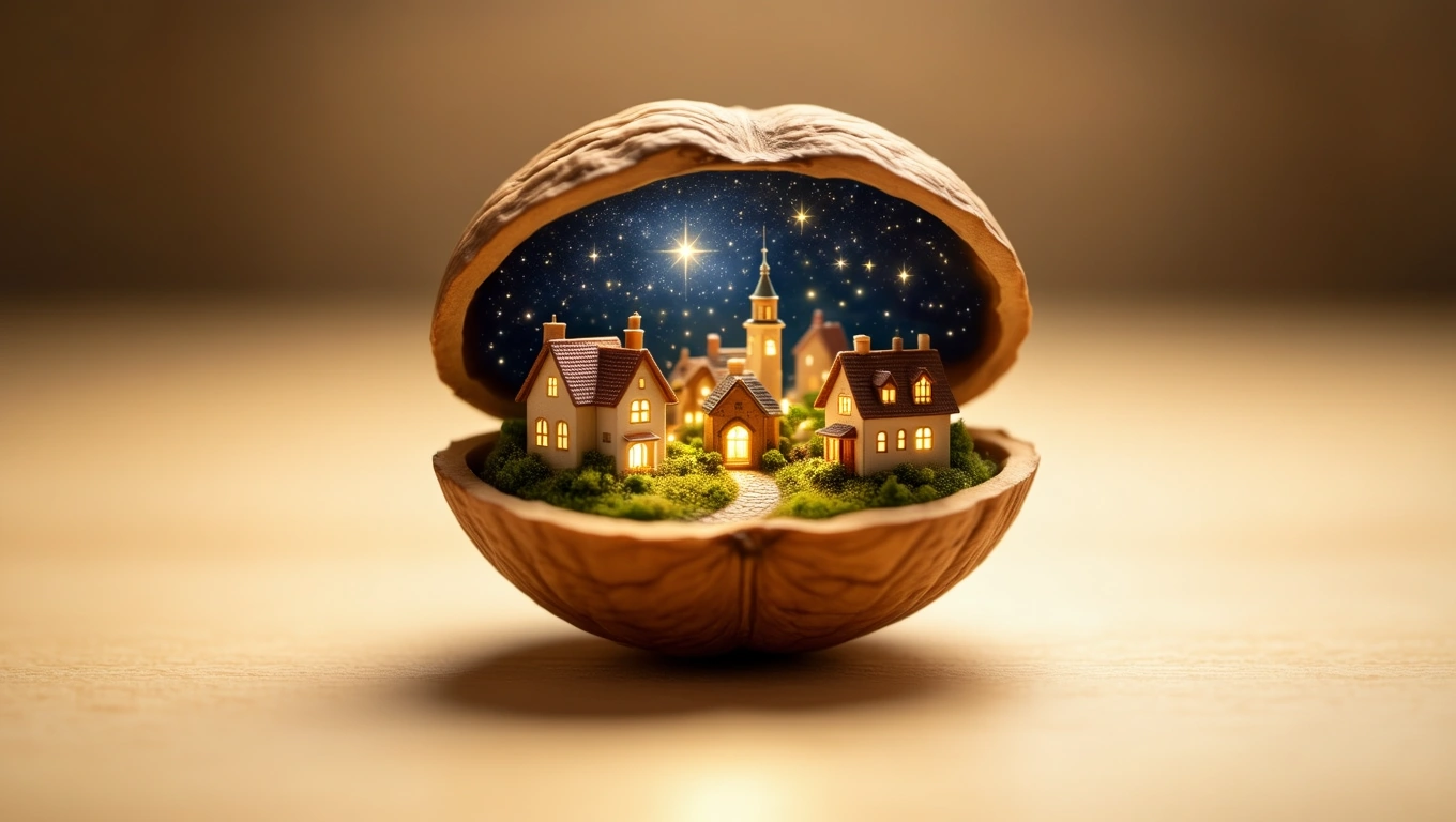 Mit jelent dióval álmodni? – Részletes álomfejtés és értelmezés Egy dióhéjban elhelyezett kis házak és csillagos égbolt látványa.