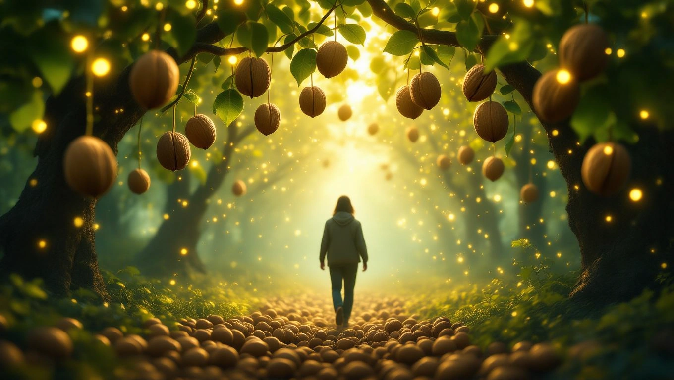 Mit jelent dióval álmodni? – Részletes álomfejtés és értelmezés Egy személy sétál egy diófákkal szegélyezett ösvényen, diók között.