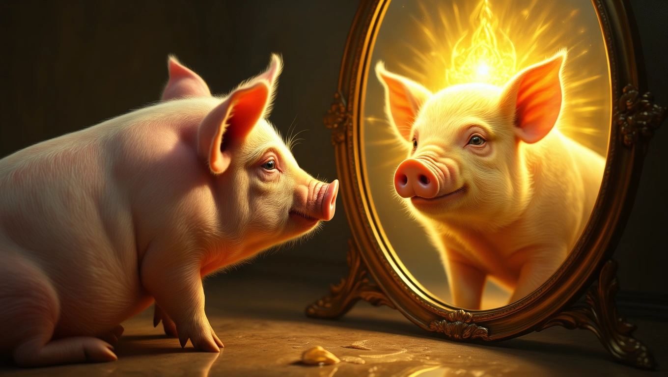 Mit jelent disznóval álmodni? – Részletes álomfejtés és értelmezés Egy disznó néz a tükörbe, ahol egy ragyogó, boldog disznó képe látható.