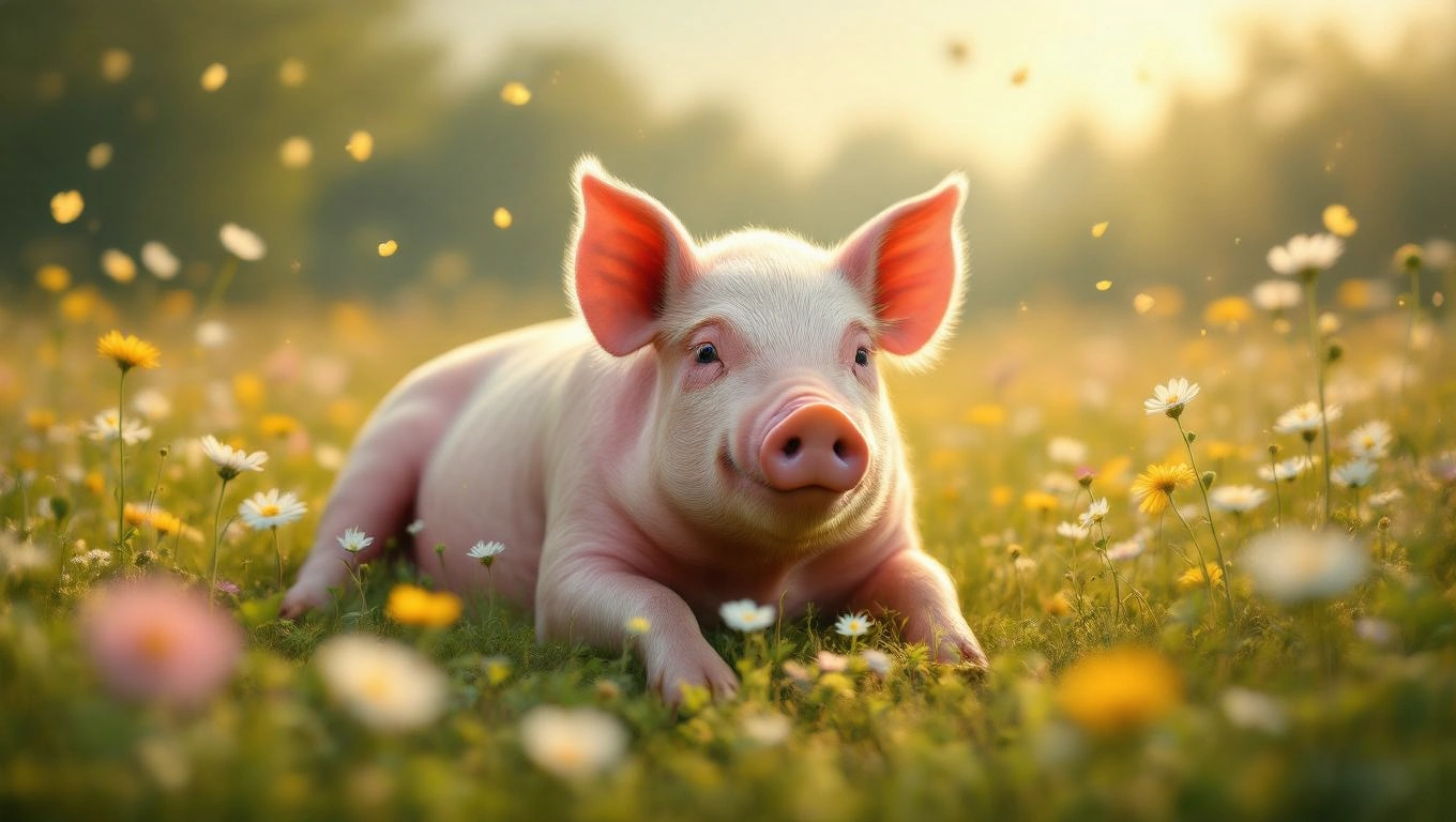 Mit jelent disznóval álmodni? – Részletes álomfejtés és értelmezés Egy aranyos disznó fekszik virágos réten, napfényben fürdőzve.