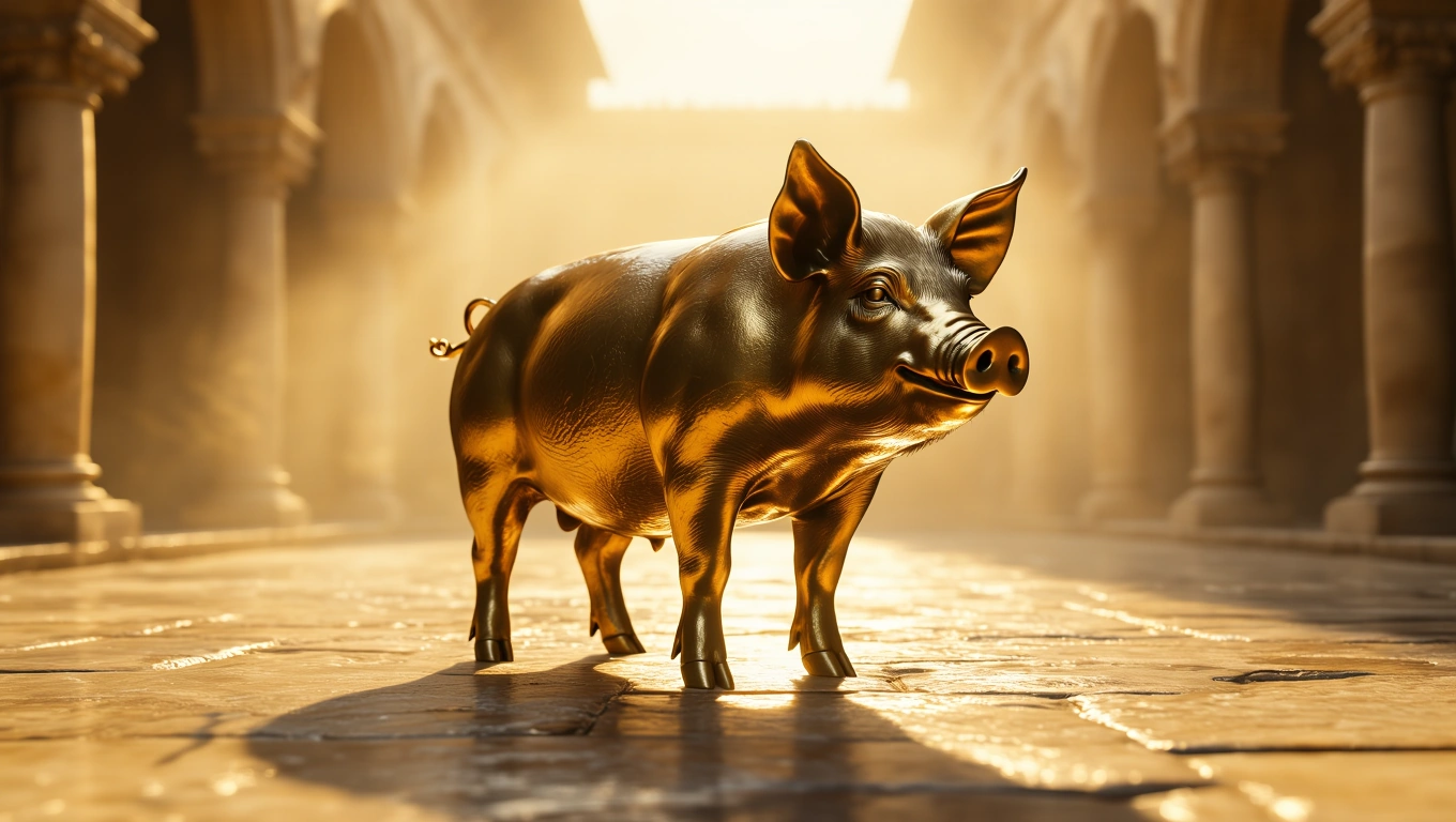 Mit jelent disznóval álmodni? – Részletes álomfejtés és értelmezés Egy aranyszínű disznó áll egy kövezett úton, háttérben fényes oszlopokkal.