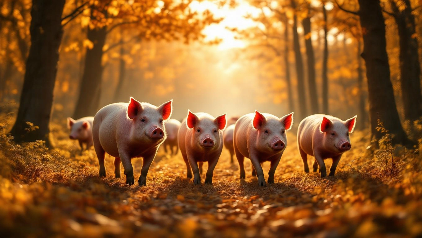 Mit jelent disznóval álmodni? – Részletes álomfejtés és értelmezés Öt disznó sétál egy őszi erdőben, a napfény átsüt a fák között.