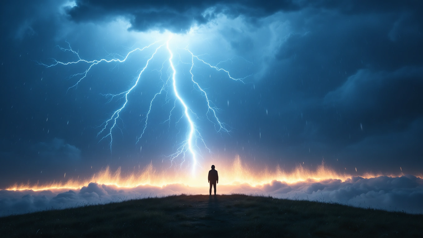 Mit jelent dörgéssel álmodni? – Részletes álomfejtés és értelmezés Egy ember áll a dörgő felhők alatt, villám csap le a horizonton.