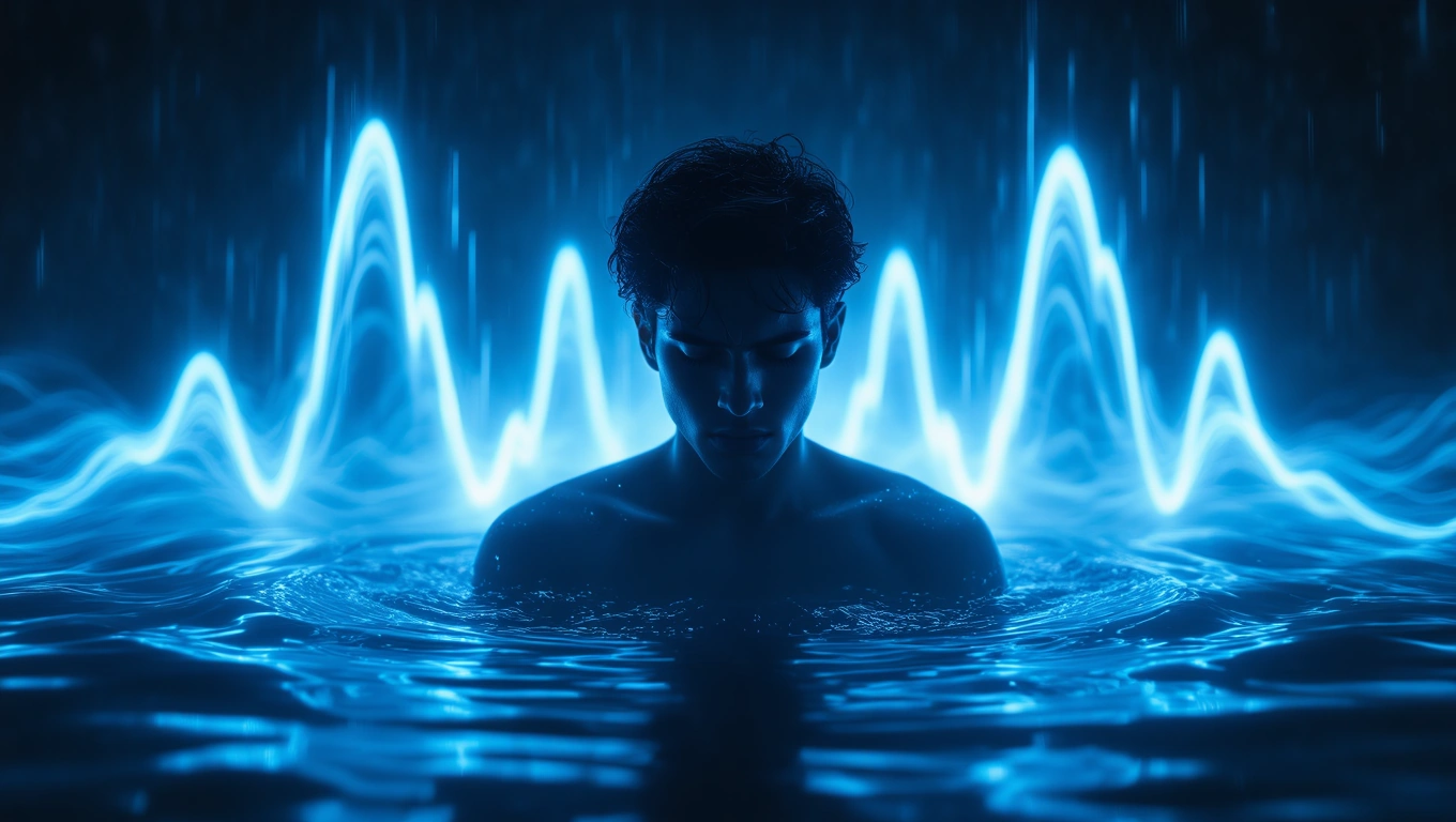 Mit jelent dörgéssel álmodni? – Részletes álomfejtés és értelmezés Egy férfi áll a vízben, körülötte kék fények és hullámok láthatók.