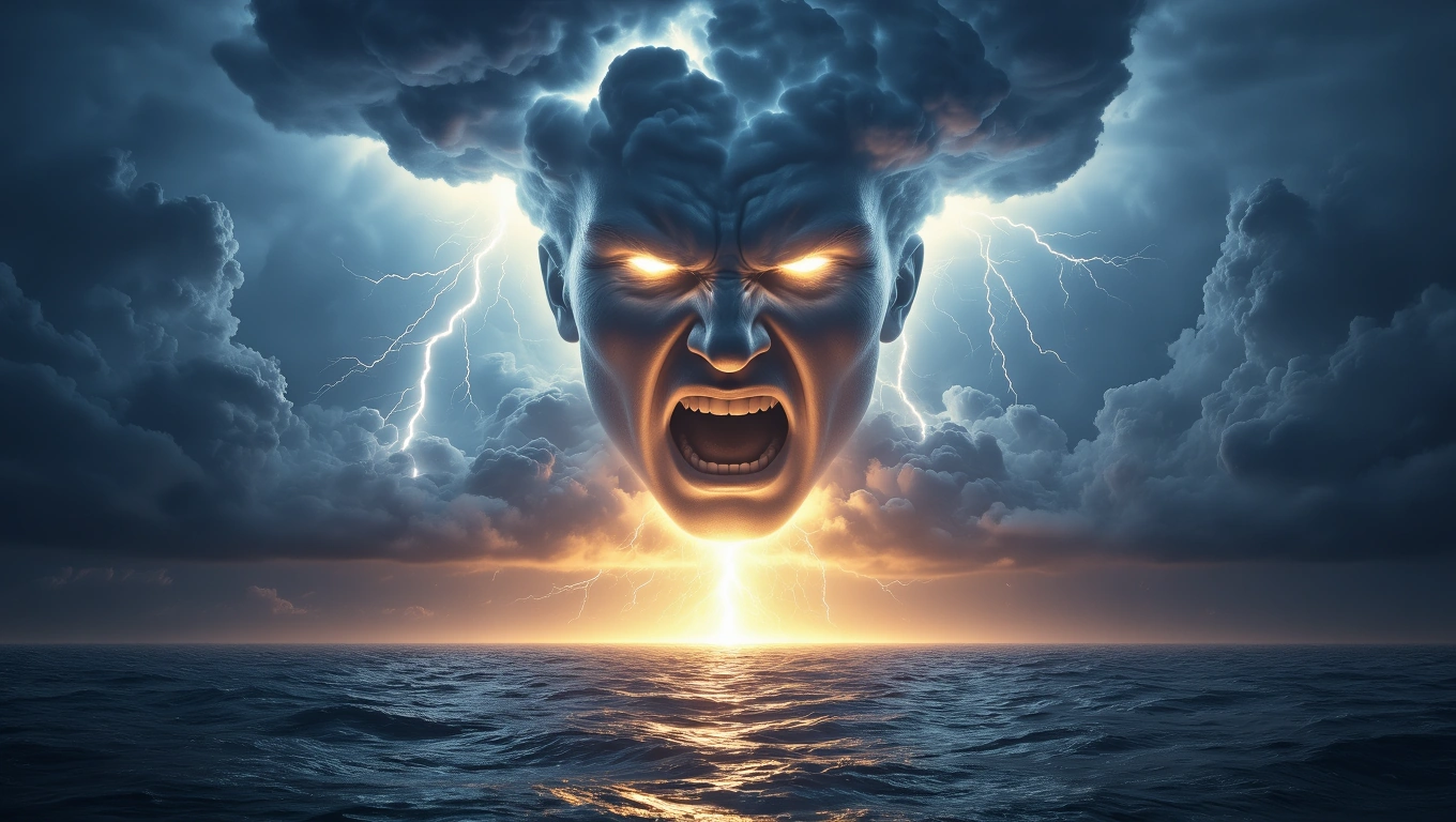 Mit jelent dörgéssel álmodni? – Részletes álomfejtés és értelmezés Felhők között dörgő arc látható, villámokkal körülvéve, tenger felett.