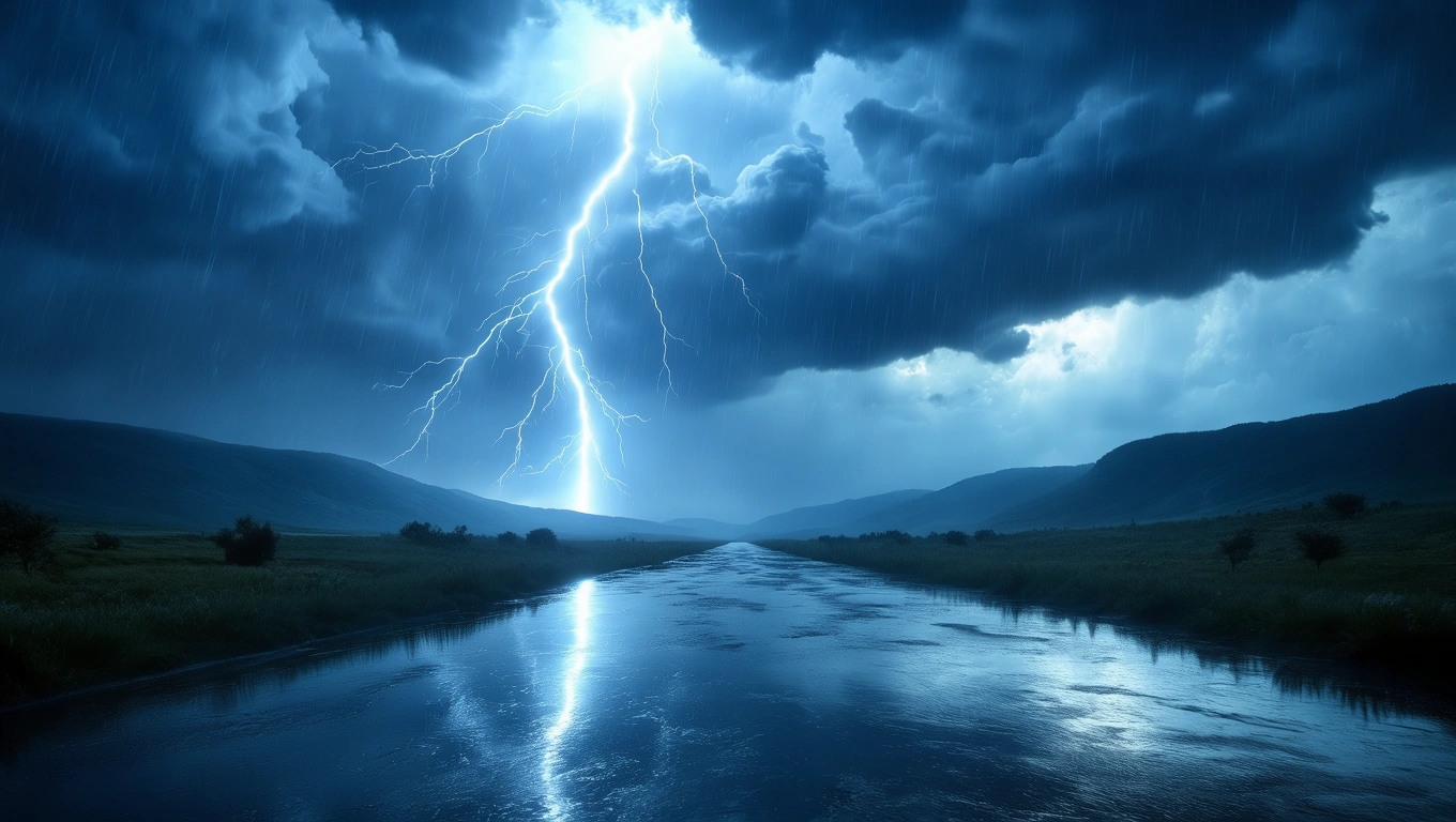 Mit jelent dörgéssel álmodni? – Részletes álomfejtés és értelmezés Villámcsapás a sötét felhők között, eső áztatta tájjal és folyóval.