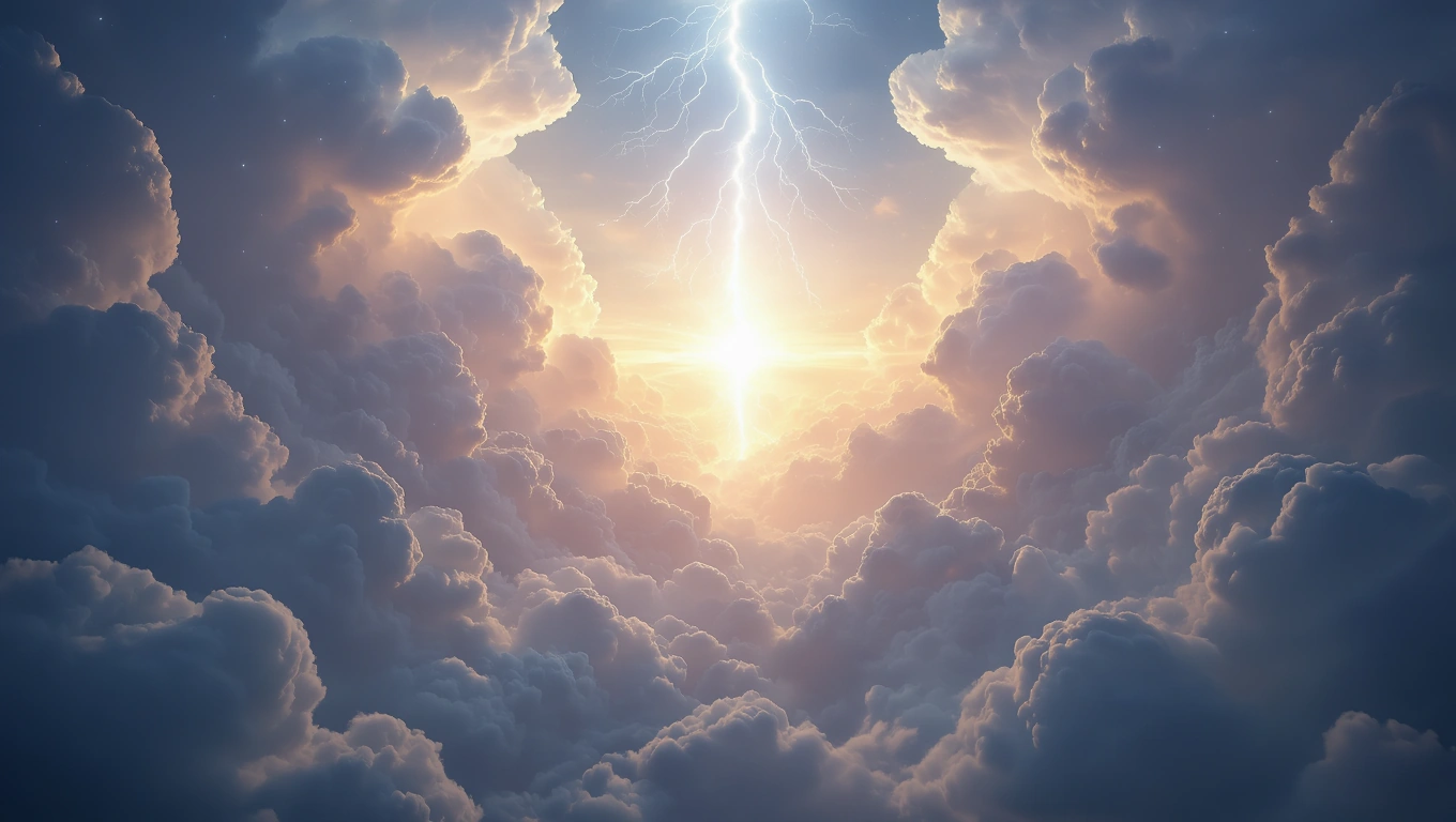 Mit jelent dörgéssel álmodni? – Részletes álomfejtés és értelmezés Villám csap le a felhők között, fény és sötétség kontrasztjával.