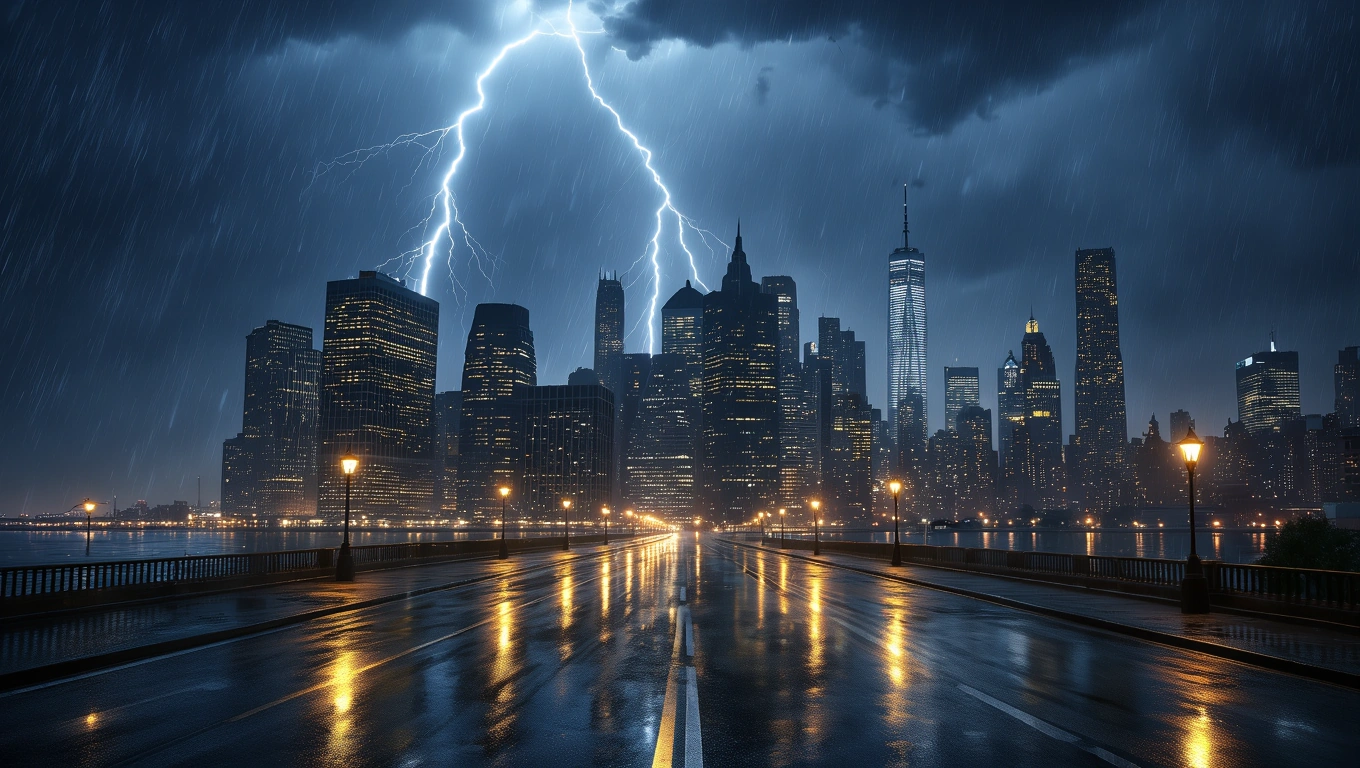 Mit jelent dörgéssel álmodni? – Részletes álomfejtés és értelmezés Sötét felhők között dörgés és villámlás a város felett, eső áztatja az utcát.