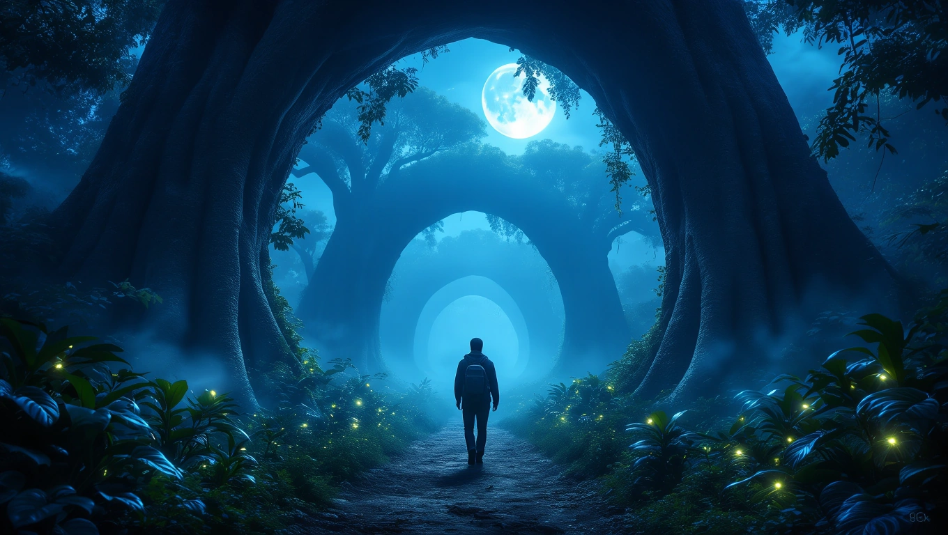 Mit jelent dzsungellel álmodni? – Részletes álomfejtés és értelmezés Egy ember sétál a dzsungelben, kékes fényben, hatalmas fák között.