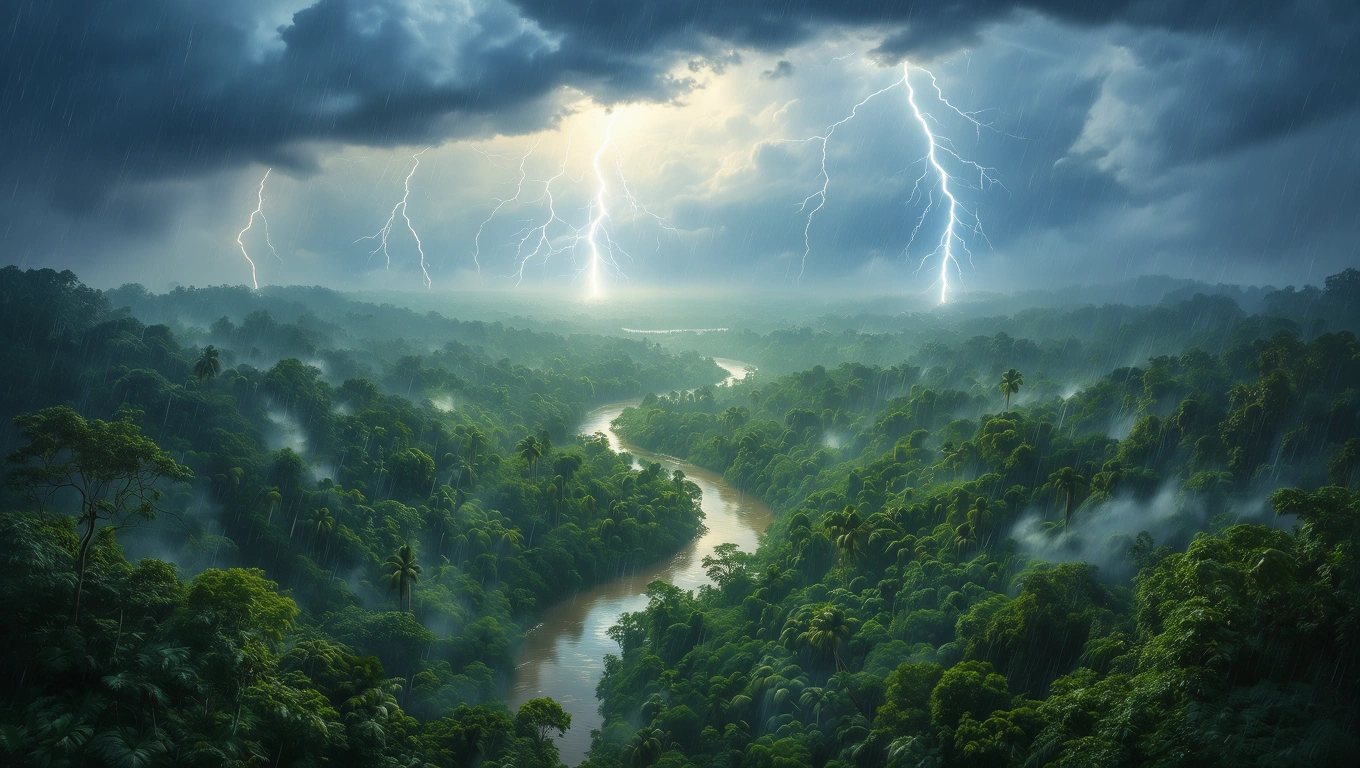 Mit jelent dzsungellel álmodni? – Részletes álomfejtés és értelmezés Zöld dzsungel látképe, villámokkal és esővel, misztikus hangulatban.