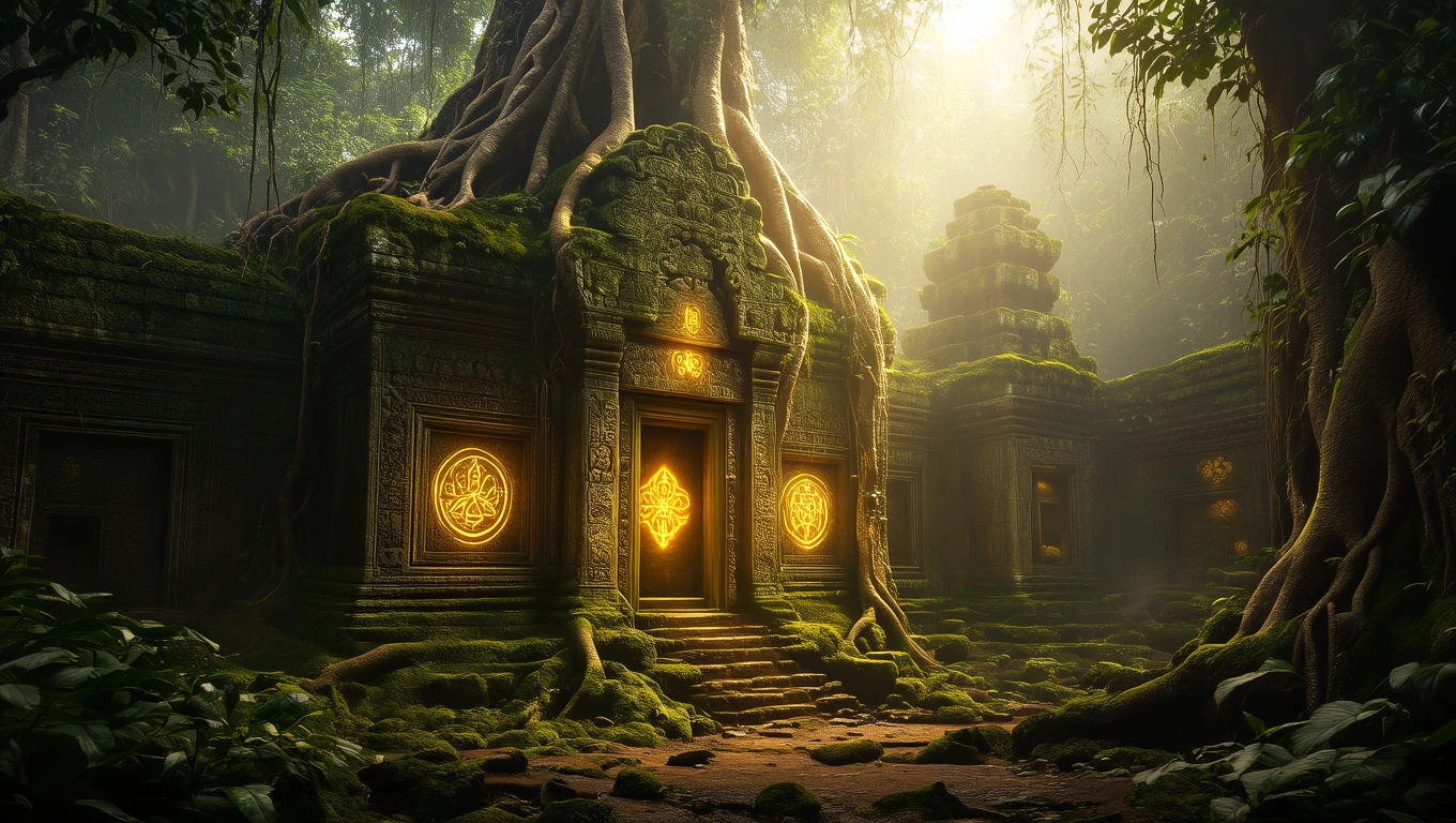 Mit jelent dzsungellel álmodni? – Részletes álomfejtés és értelmezés Egy dzsungelben rejtőző, mohos templomrom, amelyet fák ölelnek körül.