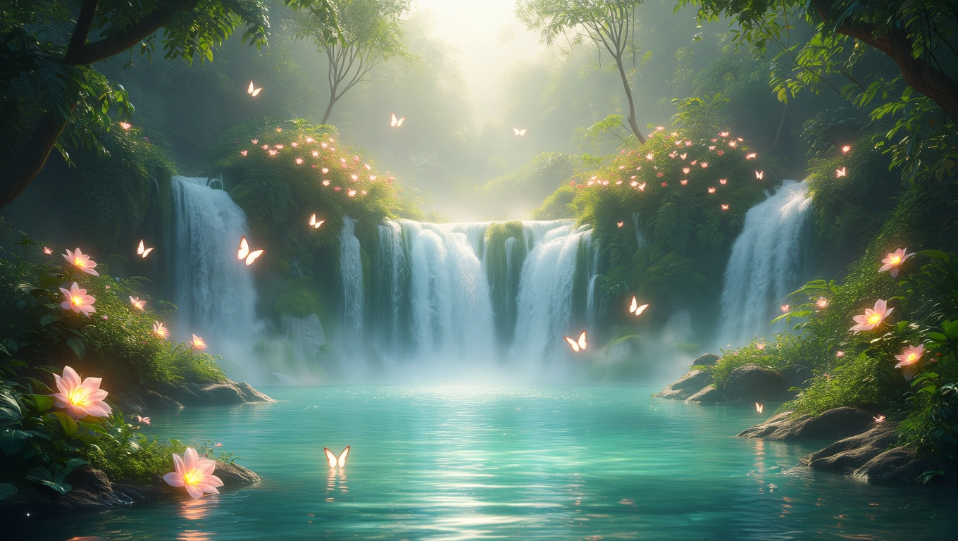Mit jelent dzsungellel álmodni? – Részletes álomfejtés és értelmezés Egy gyönyörű dzsungel vízesés, virágokkal és pillangókkal körülvéve.