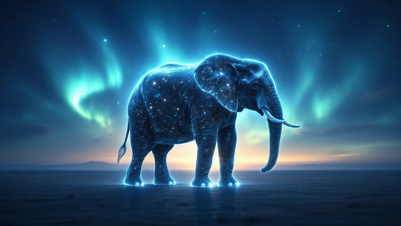 Mit jelent elefánttal álmodni? – Részletes álomfejtés és értelmezés Egy csillagokkal teli elefánt áll a sötét égbolt alatt, északi fényekkel körülvéve.