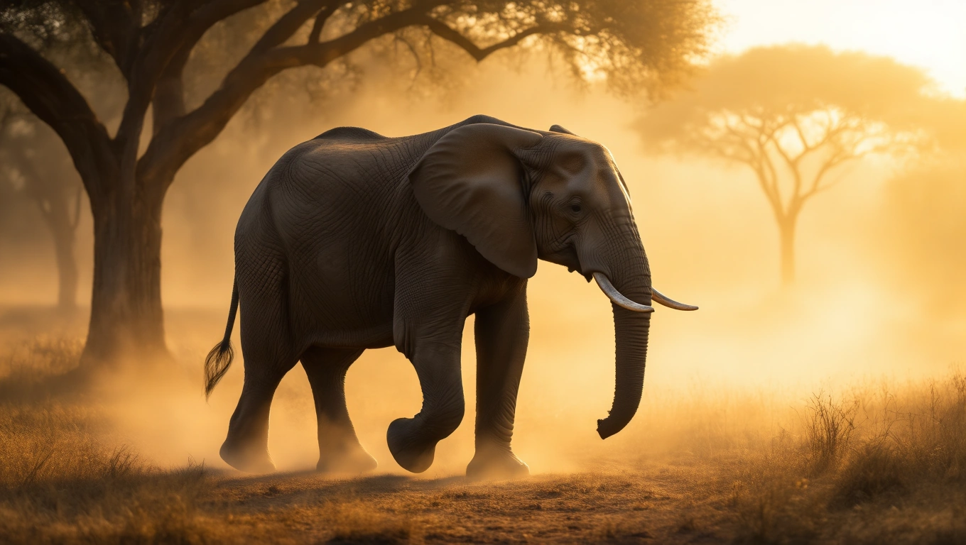Mit jelent elefánttal álmodni? – Részletes álomfejtés és értelmezés Egy elefánt sétál a ködös tájon, a napfény átszűrődik a fák között.