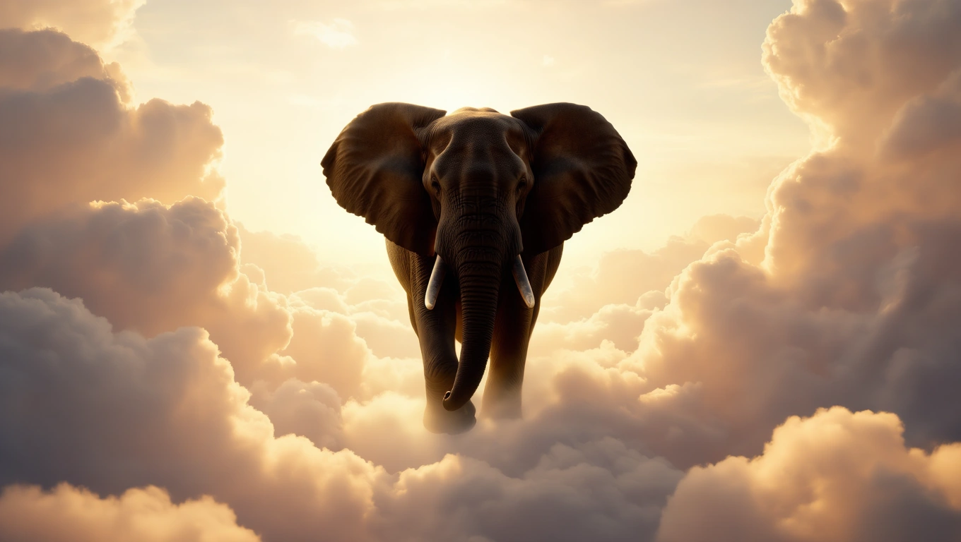 Mit jelent elefánttal álmodni? – Részletes álomfejtés és értelmezés Egy elefánt áll a felhők között, háttérben naplementével, erőt és bölcsességet szimbolizálva.