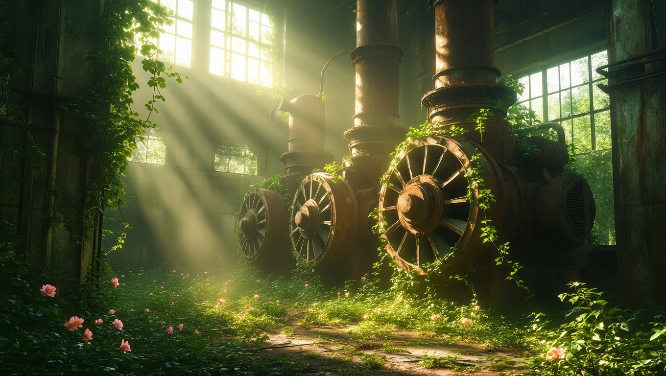 Mit jelent erőműről álmodni? – Részletes álomfejtés és értelmezés Egy elhagyatott erőmű belső tere, zöld növényekkel és virágokkal.