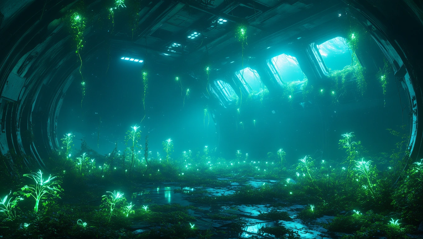 Mit jelent űrállomással álmodni? – Részletes álomfejtés és értelmezés Egy elhagyatott űrállomás belső területe, zöld növényekkel benőve.