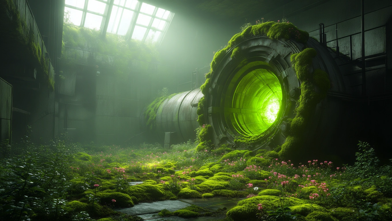 Mit jelent atomerőműről álmodni? – Részletes álomfejtés és értelmezés Egy elhagyott atomerőmű belső területe, zöld növényzet és virágok között.