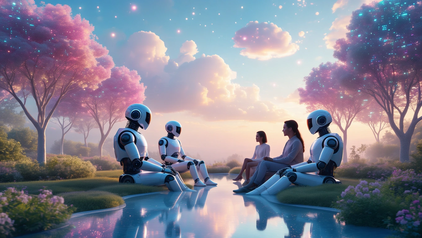 Mit jelent mesterséges intelligenciával álmodni? – Részletes álomfejtés és értelmezés Két ember és két robot ül egy gyönyörű, virágos tájon, békés környezetben.