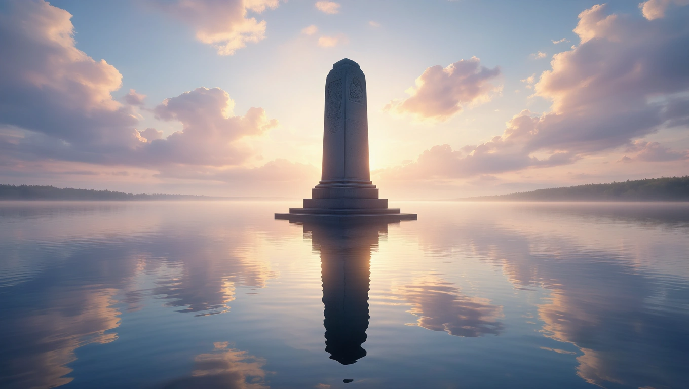 Mit jelent emlékművel álmodni? – Részletes álomfejtés és értelmezés Egy emlékmű áll a víz közepén, körülötte nyugodt vízf surface és színes felhők.