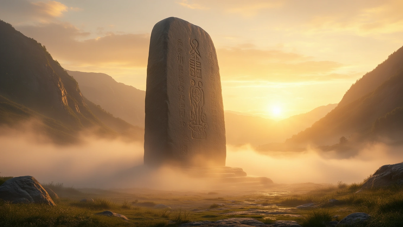 Mit jelent emlékművel álmodni? – Részletes álomfejtés és értelmezés Egy hatalmas emlékmű áll a ködös völgyben, napfelkeltével a háttérben.