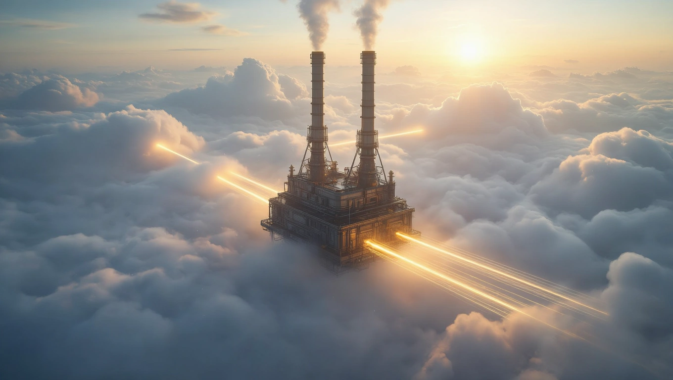 Mit jelent erőműről álmodni? – Részletes álomfejtés és értelmezés Egy erőmű füstölgő kéményei a felhők felett, energikus fénycsóvák sugárzanak.