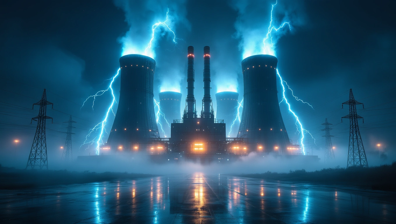 Mit jelent erőműről álmodni? – Részletes álomfejtés és értelmezés Egy erőmű éjszakai képe, villámokkal és füsttel körülvéve, misztikus hangulatban.