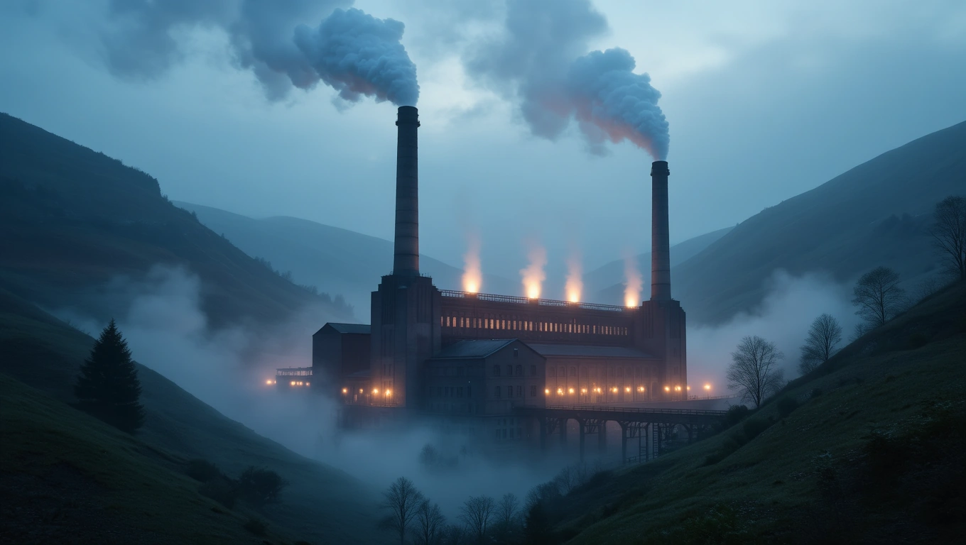 Mit jelent erőműről álmodni? – Részletes álomfejtés és értelmezés Egy erőmű füstölgő kéményei és világító ablakai a ködben.