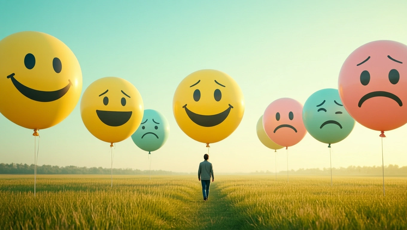 Mit jelent smileyról álmodni? – Részletes álomfejtés és értelmezés Egy ember sétál a mezőn, körülötte különböző érzelmeket kifejező lufik.