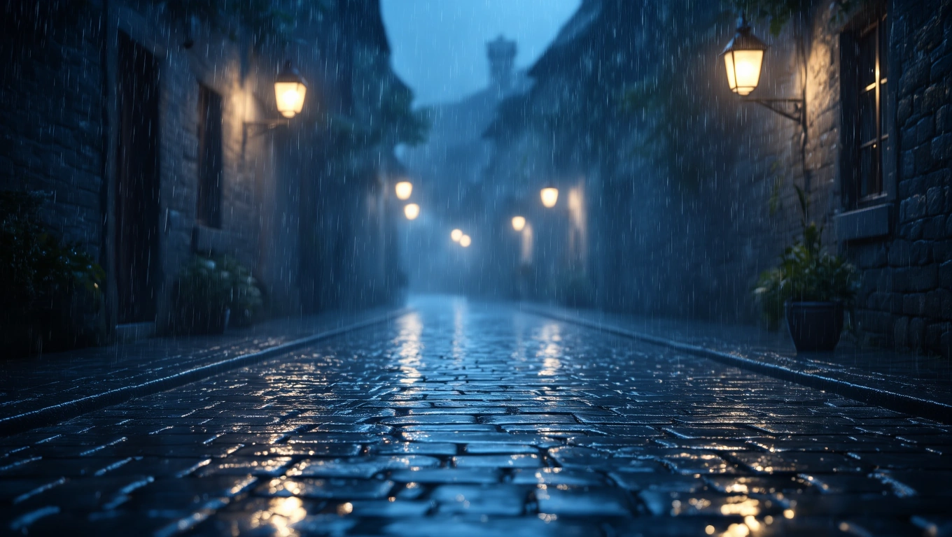 Mit jelent esőről álmodni? – Részletes álomfejtés és értelmezés Eső áztatta, kivilágított utcák, ködös, nyugodt hangulatban.