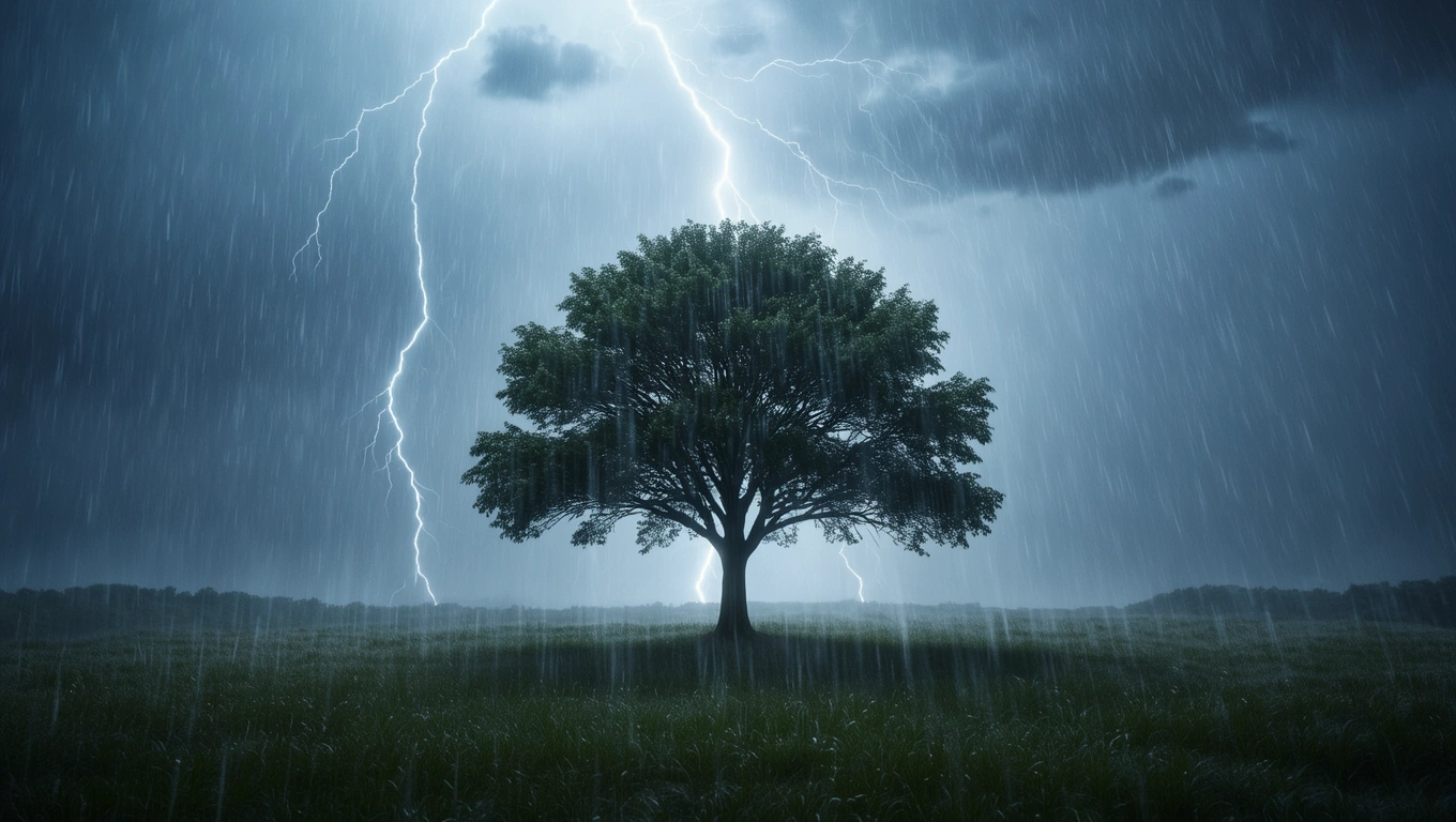 Mit jelent esőről álmodni? – Részletes álomfejtés és értelmezés Egy hatalmas fa áll a viharos esőben, villámokkal az égen.