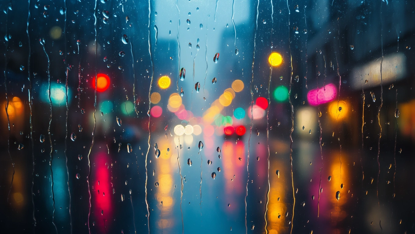 Mit jelent esőről álmodni? – Részletes álomfejtés és értelmezés Esőcseppek látszanak egy ablakon, színes városi fények háttérben.