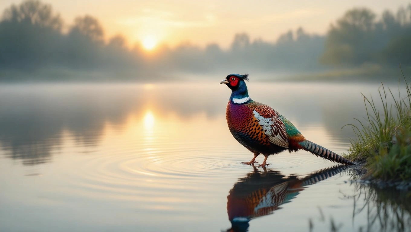 Mit jelent fácánnal álmodni? – Részletes álomfejtés és értelmezés Színes fácán áll a vízparton, a napfelkeltében tükröződve.