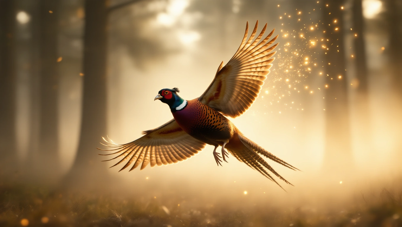 Mit jelent fácánnal álmodni? – Részletes álomfejtés és értelmezés Fácán repül a ködös erdőben, színes tollazatával ragyogva.