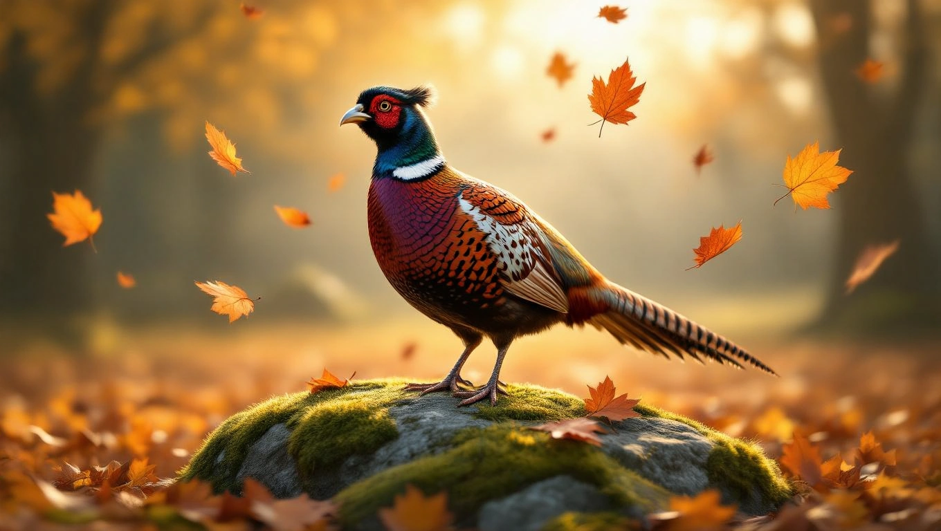 Mit jelent fácánnal álmodni? – Részletes álomfejtés és értelmezés Színes fácán áll egy moha borította kövön, körülötte őszi falevelek lebegnek.
