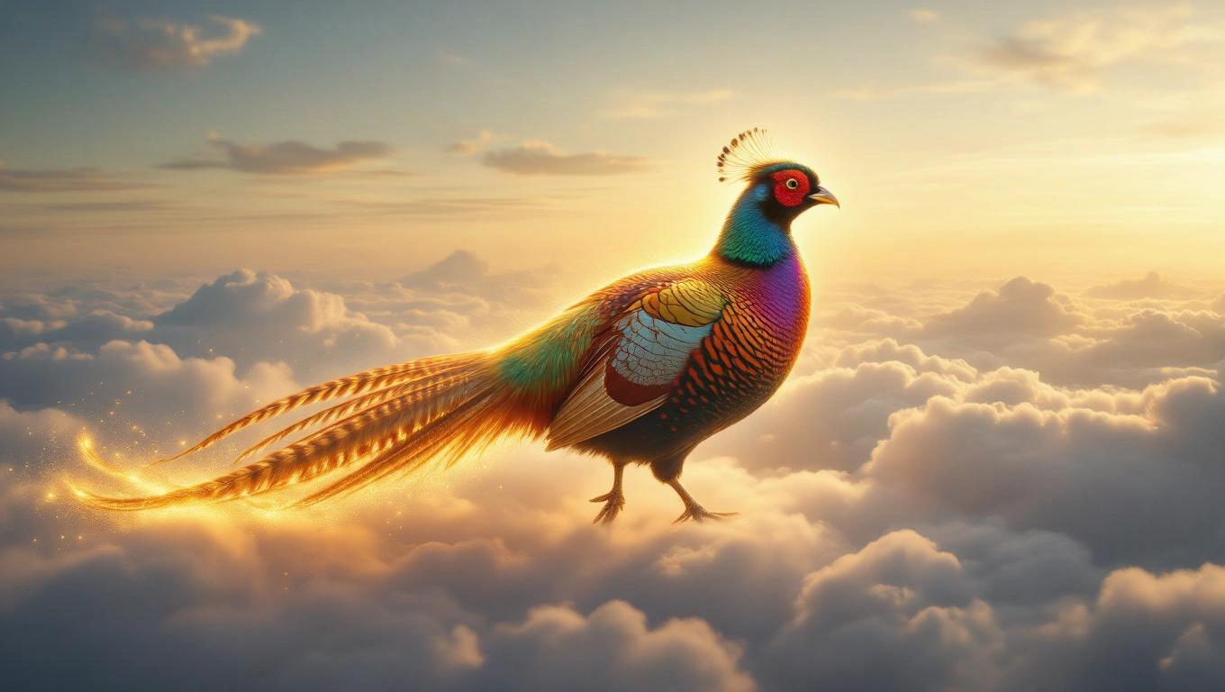 Mit jelent fácánnal álmodni? – Részletes álomfejtés és értelmezés Színes fácán áll a felhők felett, naplementében ragyogva.