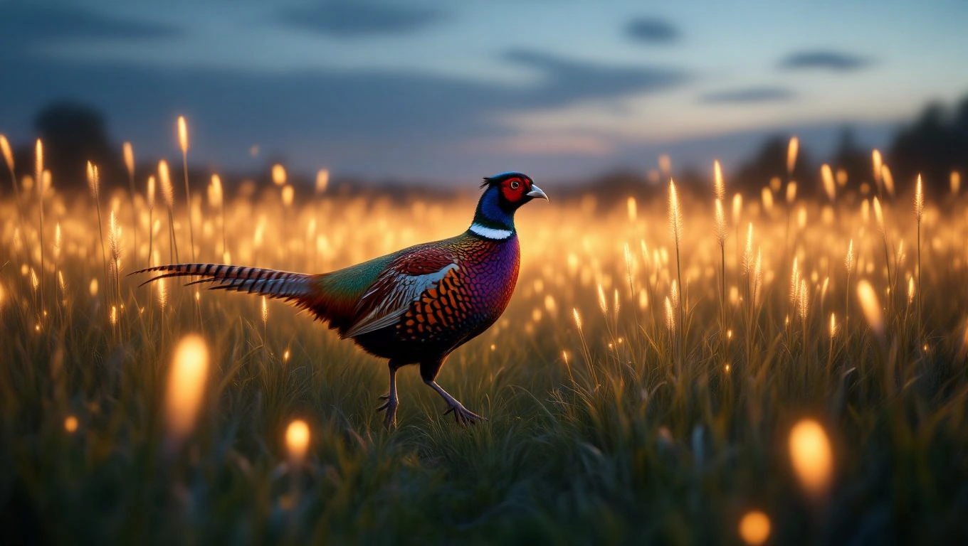 Mit jelent fácánnal álmodni? – Részletes álomfejtés és értelmezés Színes fácán sétál egy aranyló fűvel borított mezőn, naplementében.