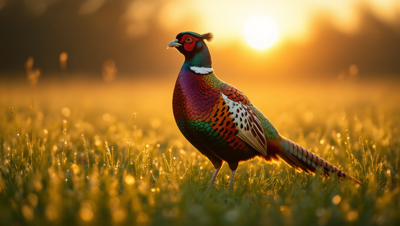 Mit jelent fácánnal álmodni? – Részletes álomfejtés és értelmezés Színes fácán áll a reggeli harmatos fűben, napfelkeltével a háttérben.