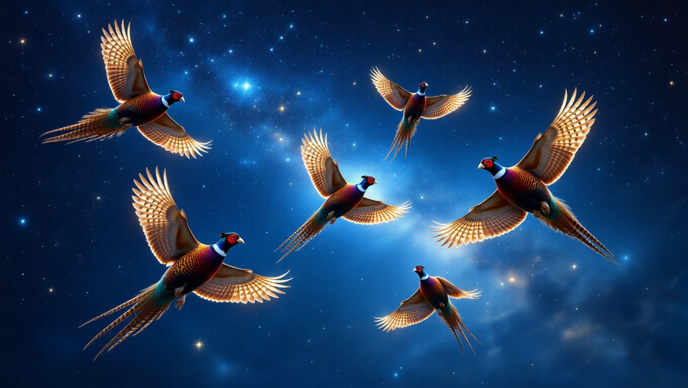 Mit jelent fácánnal álmodni? – Részletes álomfejtés és értelmezés Több fácán repül a csillagos ég alatt, színes tollazattal.
