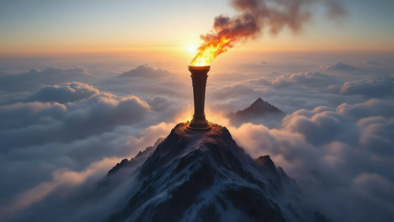 Mit jelent fáklyával álmodni? – Részletes álomfejtés és értelmezés Fáklya lángja világít a hegycsúcs fölött, felhők között.