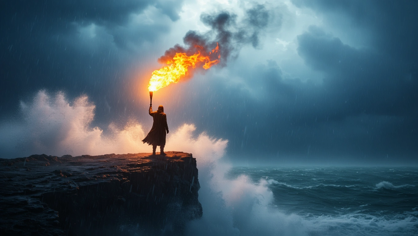 Mit jelent fáklyával álmodni? – Részletes álomfejtés és értelmezés Egy fáklyát tartó alak áll a sziklás parton, viharos tenger előtt.