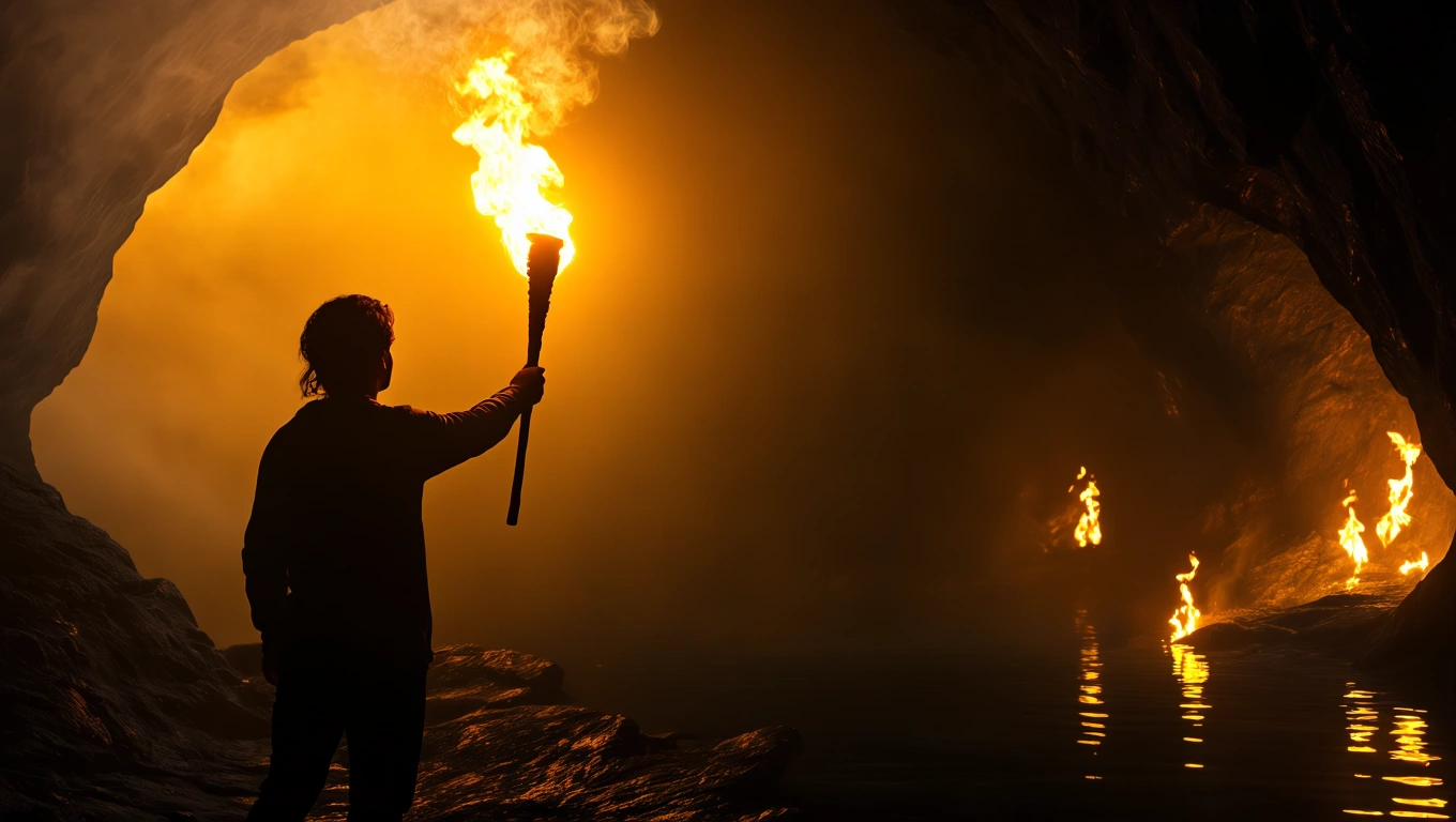 Mit jelent fáklyával álmodni? – Részletes álomfejtés és értelmezés Egy személy fáklyát tart a kezében, sötét barlangban, lángokkal körülvéve.